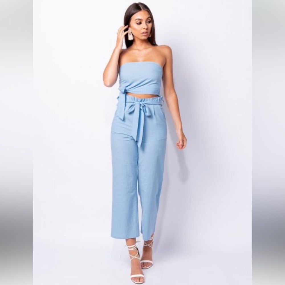 Blue Linen Bow Crop Top and Cropped Pants Set
